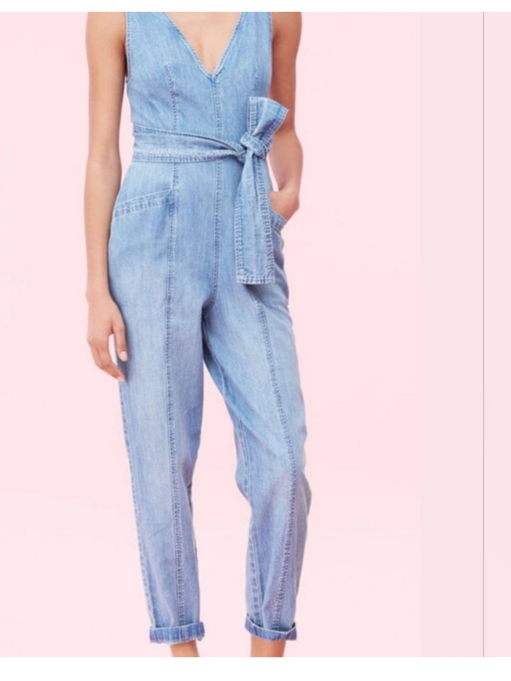 Rebecca Taylor La Vie Light Blue Denim Women's Jumpsuit Jeans with Waist Tie